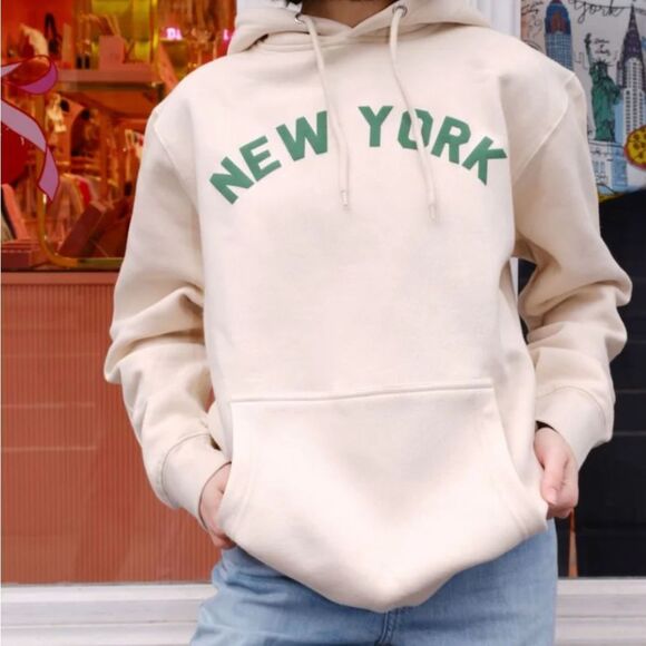 Mure + Grand New York puff Cream Hoodie with Green Print. Size Small. - Picture 5 of 8
